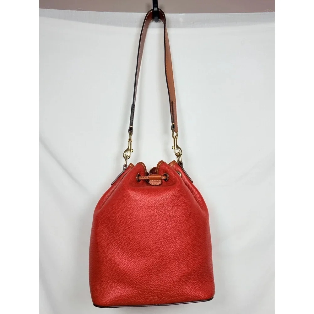 Dooney & Bourke Pebble Grain Red Drawstring Bucket Bag Leather Crossbody Purse